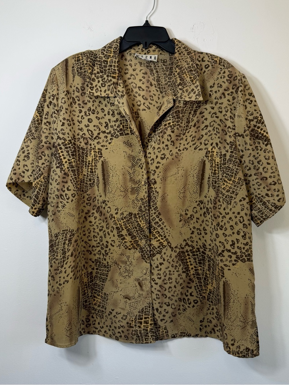Vintage ERENA Woman Blouse Animal Print Button Down Tan Brown Shirt Short Sleeve